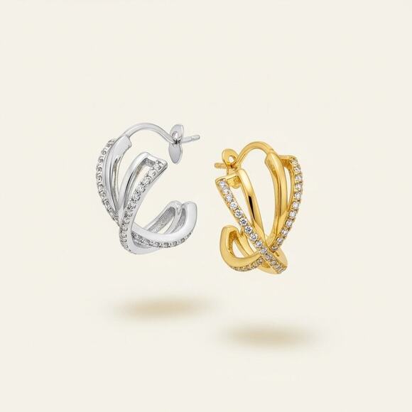 Macy's Jewelry - 18K Gold Over Brass Pavé Double Hoop Stud Earrings Two Tone NWT